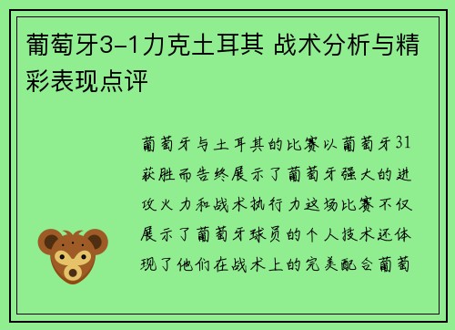 葡萄牙3-1力克土耳其 战术分析与精彩表现点评
