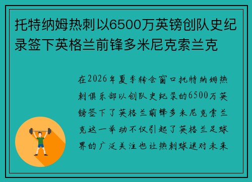 托特纳姆热刺以6500万英镑创队史纪录签下英格兰前锋多米尼克索兰克